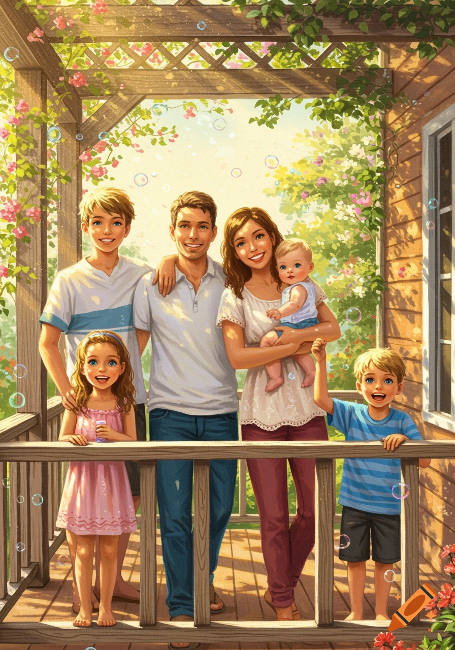 A large, happy family with five children poses on a sunny wooden porch with flowering vines and bubbles in a vibrant digital illustration.