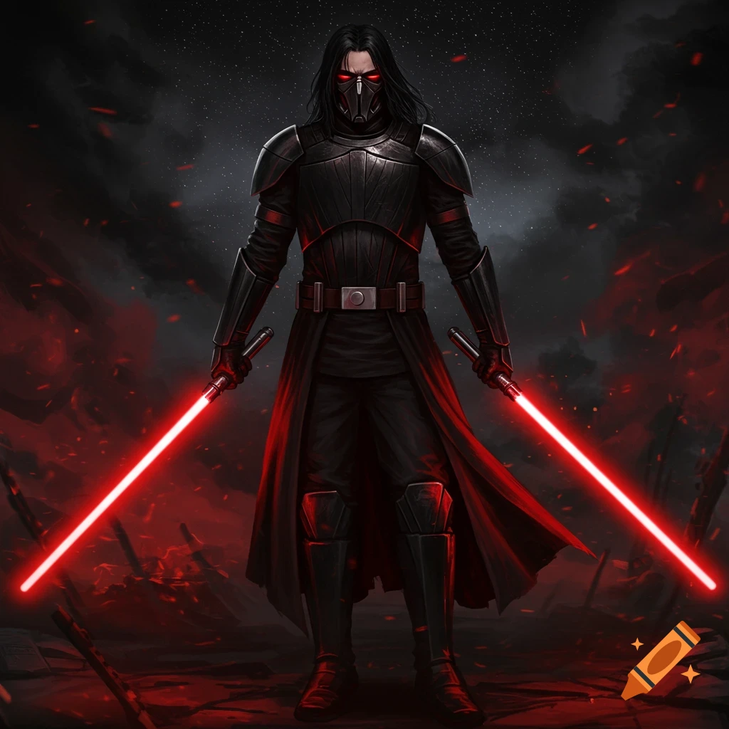 A male imperial inquisitor in black armor and mask with a red visor, holding two glowing red lightsabers against a dark, smoky background.