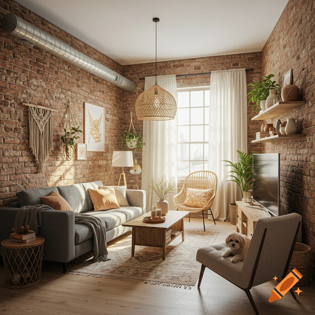 A modern boho-style living room with exposed brick, a gray sofa, a rattan chair, plants, and a small fluffy dog.