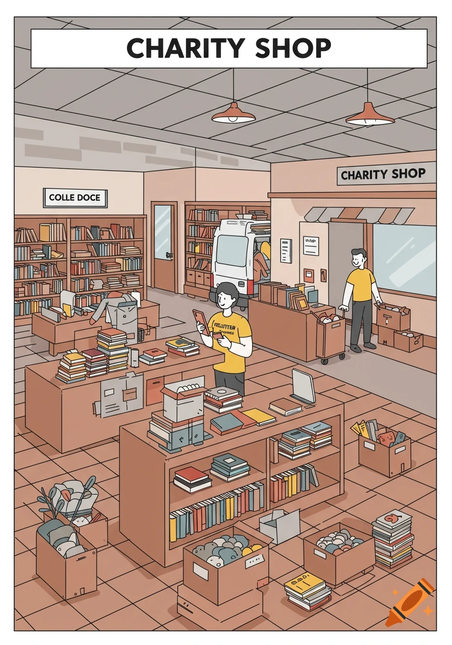 A minimal, illustrative scene inside a busy charity shop with shelves and tables full of books, and volunteers working.