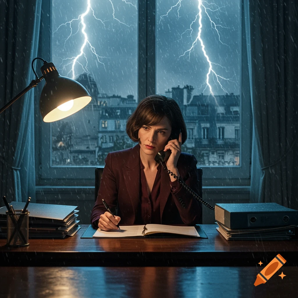 A woman with a bob haircut sits at a desk, on the phone and writing, as a thunderstorm with lightning rages outside. Photorealistic.