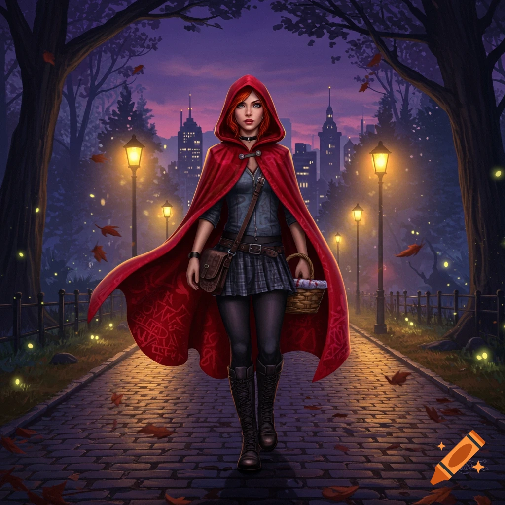 A young woman in a red hooded cape and plaid skirt walks down a lamp-lit cobblestone path in a twilight city park, carrying a basket.