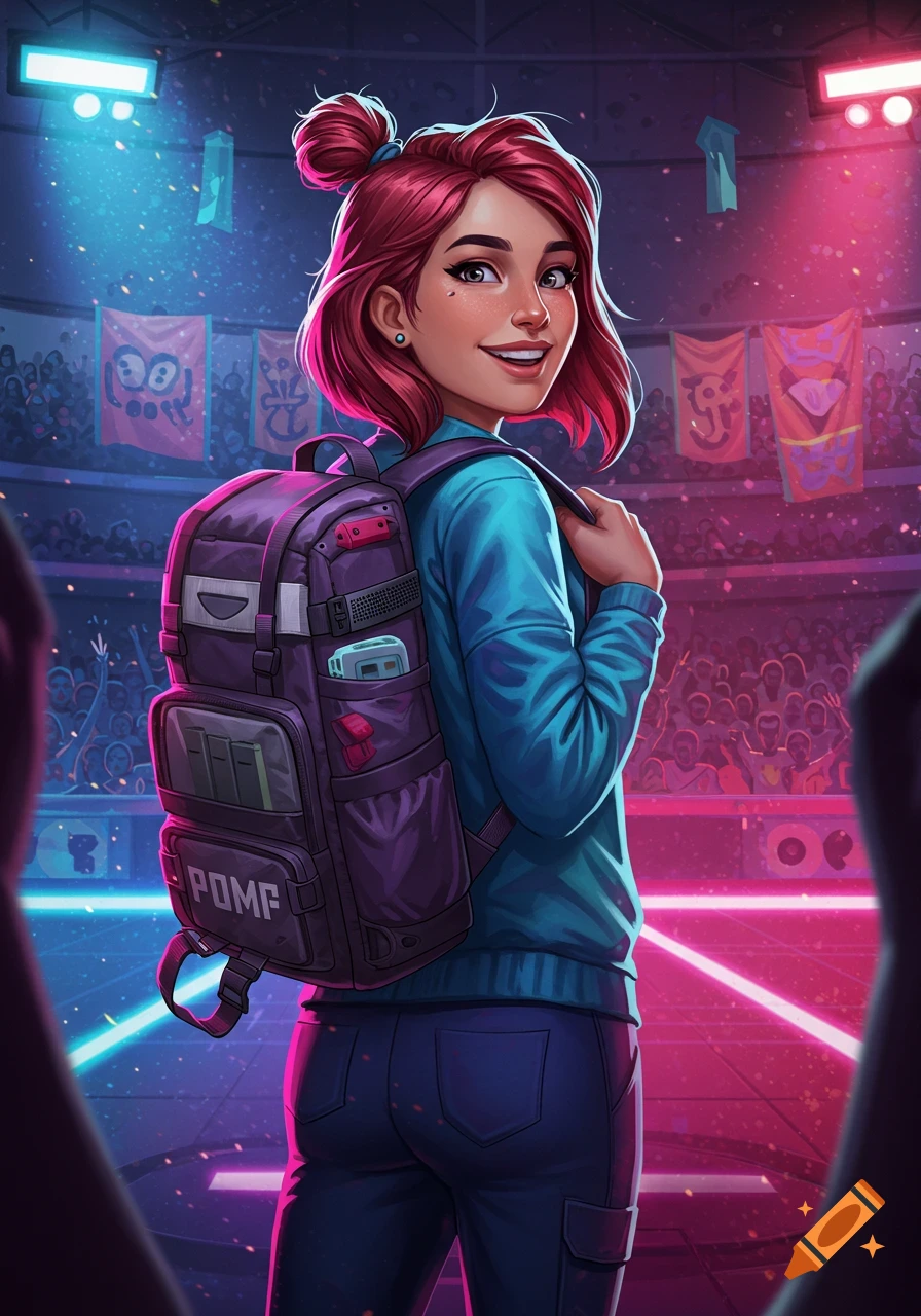 Smiling girl with pink hair in a bun, wearing a blue jacket and a purple backpack, standing in a vibrant arena. Digital illustration.