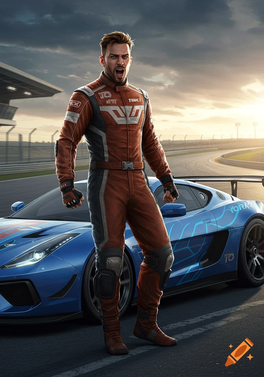 Photorealistic male race car driver in an orange suit, shouting, standing by a blue sports car on a racetrack at sunset.
