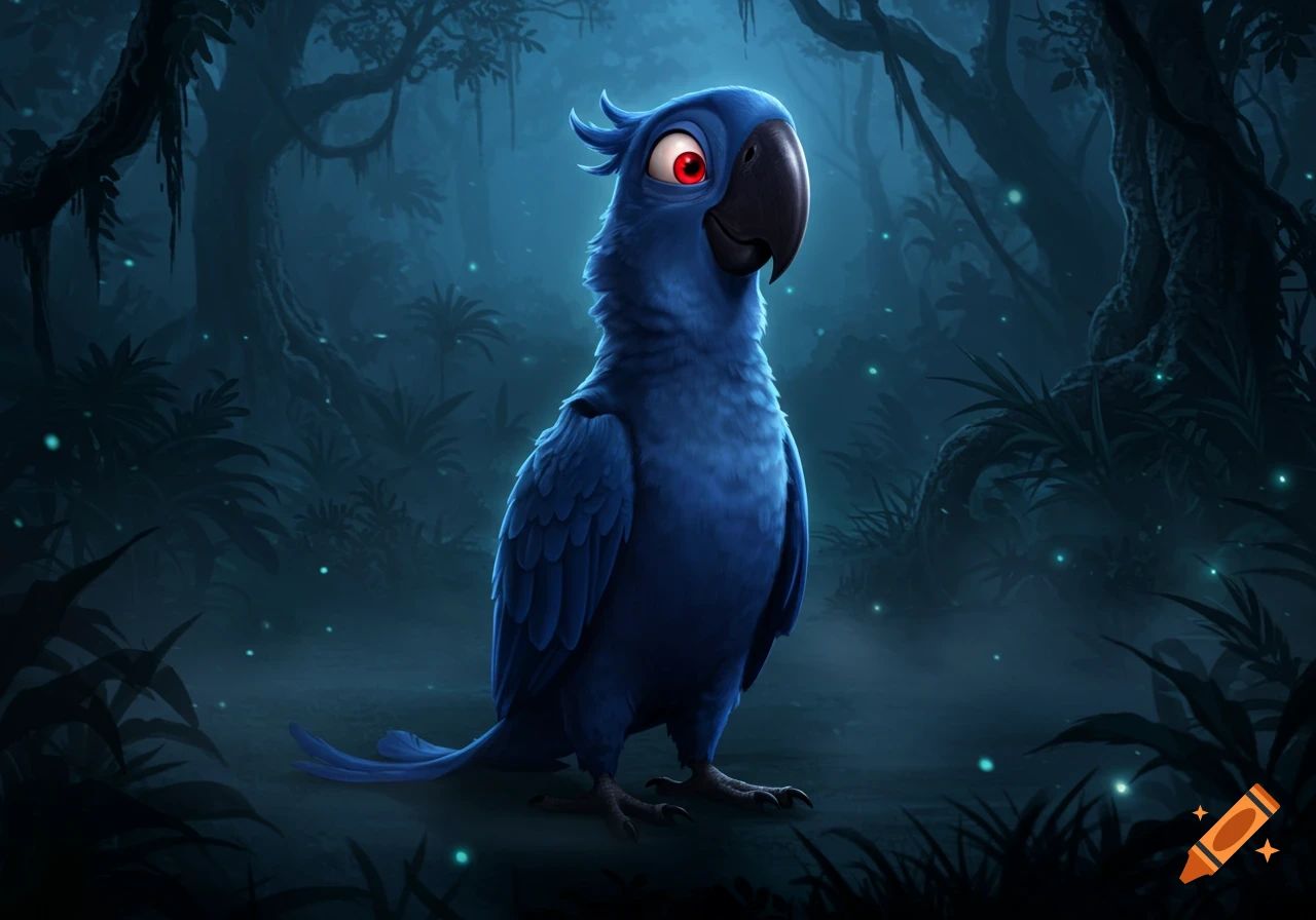 A blue parrot with glowing red eyes stands in a dark, misty forest with glowing blue orbs, stylized illustration.