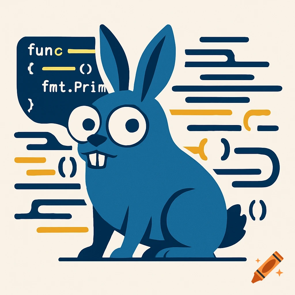 Stylized blue gopher-rabbit with large eyes, next to a code bubble showing 'func' and 'fmt.Prim', surrounded by abstract lines.