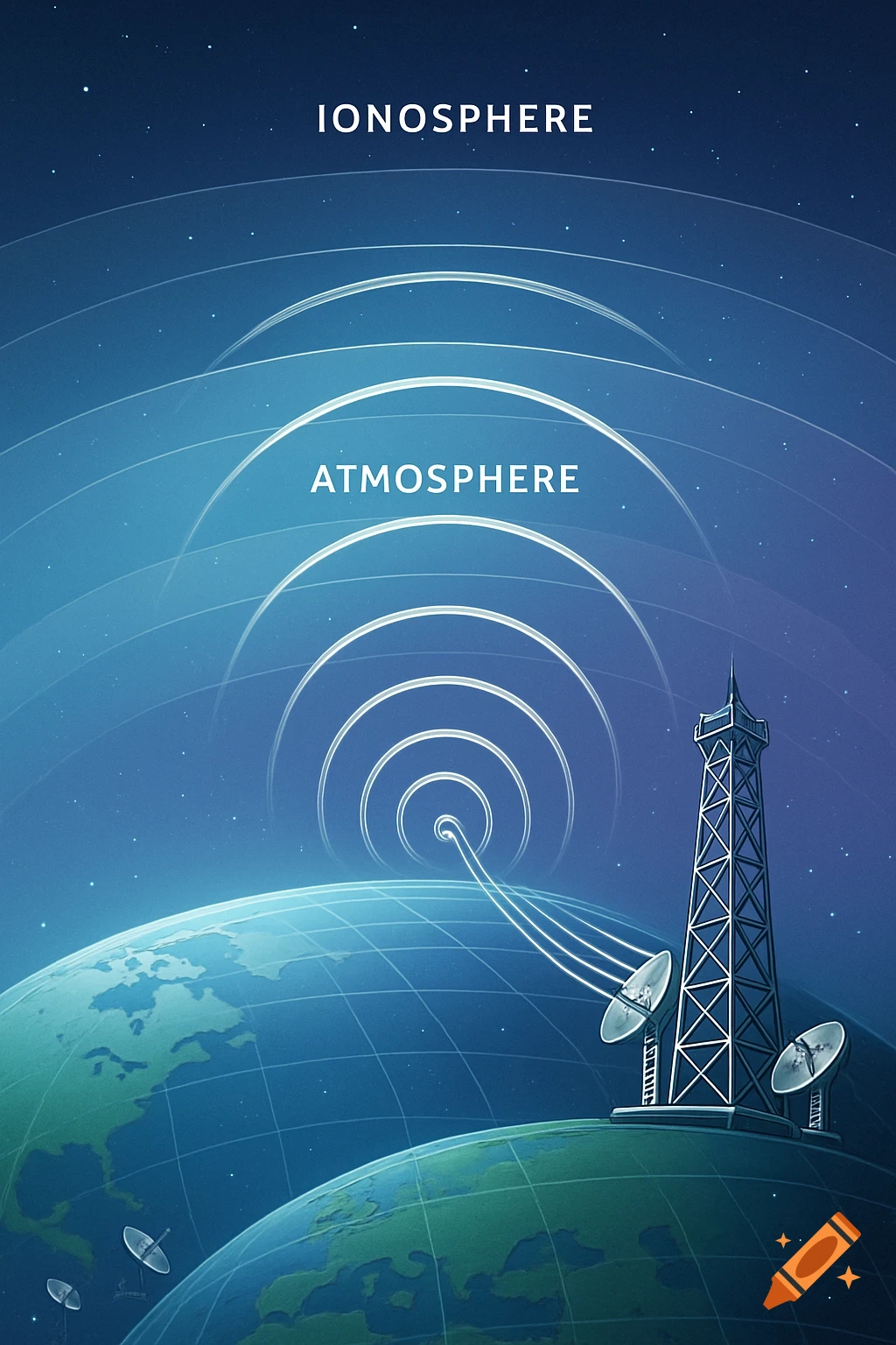 An illustration of radio waves propagating from a communication tower on Earth through the atmosphere to the ionosphere.