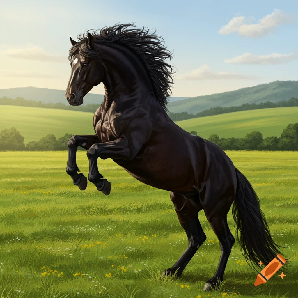 A majestic black horse rears on its hind legs in a vibrant green meadow with rolling hills and a blue sky.