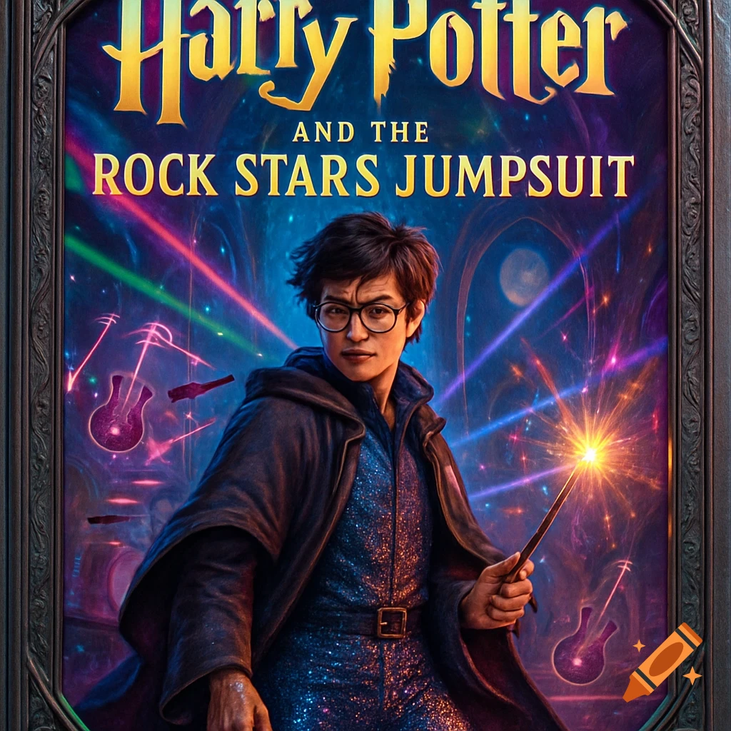 An illustration of Harry Potter on a book cover, wearing a sparkly jumpsuit under his cloak, holding a glowing wand. Neon lights and guitar shapes surround him against a cosmic background. The title reads: "Harry Potter AND THE ROCK STARS JUMPSUIT".