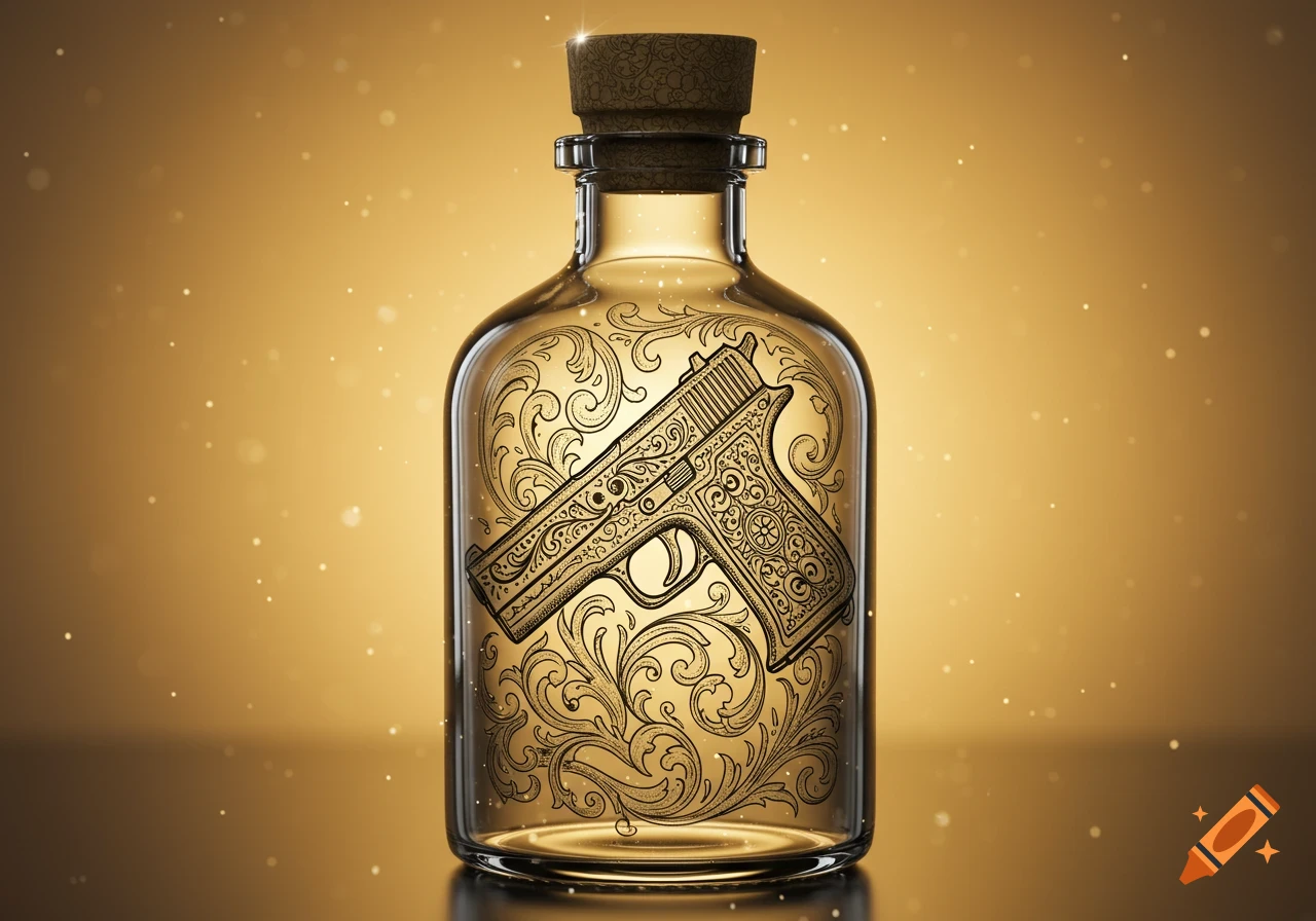 A glass bottle with a cork, containing an ornate, engraved handgun and scrollwork against a sparkling golden background.