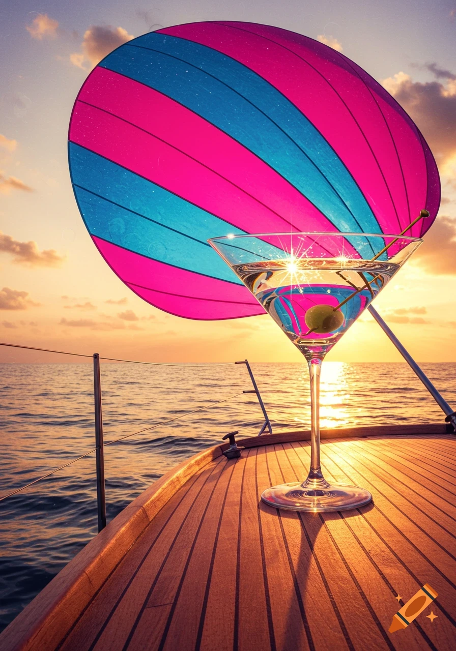 A martini with an olive on a wooden sailboat deck, with a vibrant pink and blue striped sail against a golden sunset over the ocean.