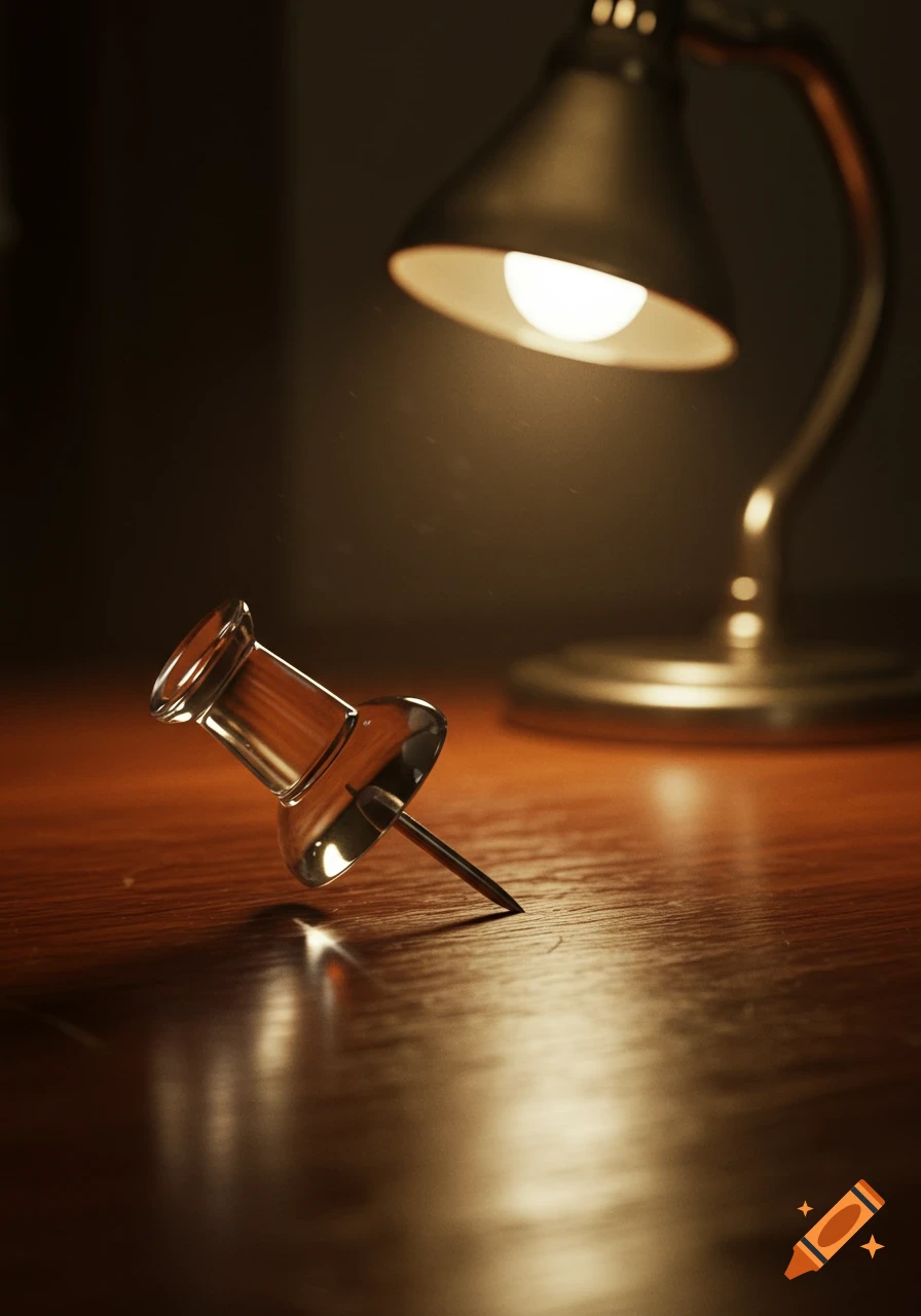 A close-up, photorealistic shot of a clear thumb tack resting on a wooden desk, softly lit by a blurred desk lamp in the background.
