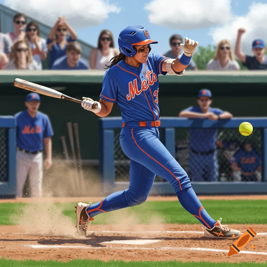 A female softball player in a blue Mets uniform swings a bat, kicking up dirt on the field with a yellow ball flying towards her.