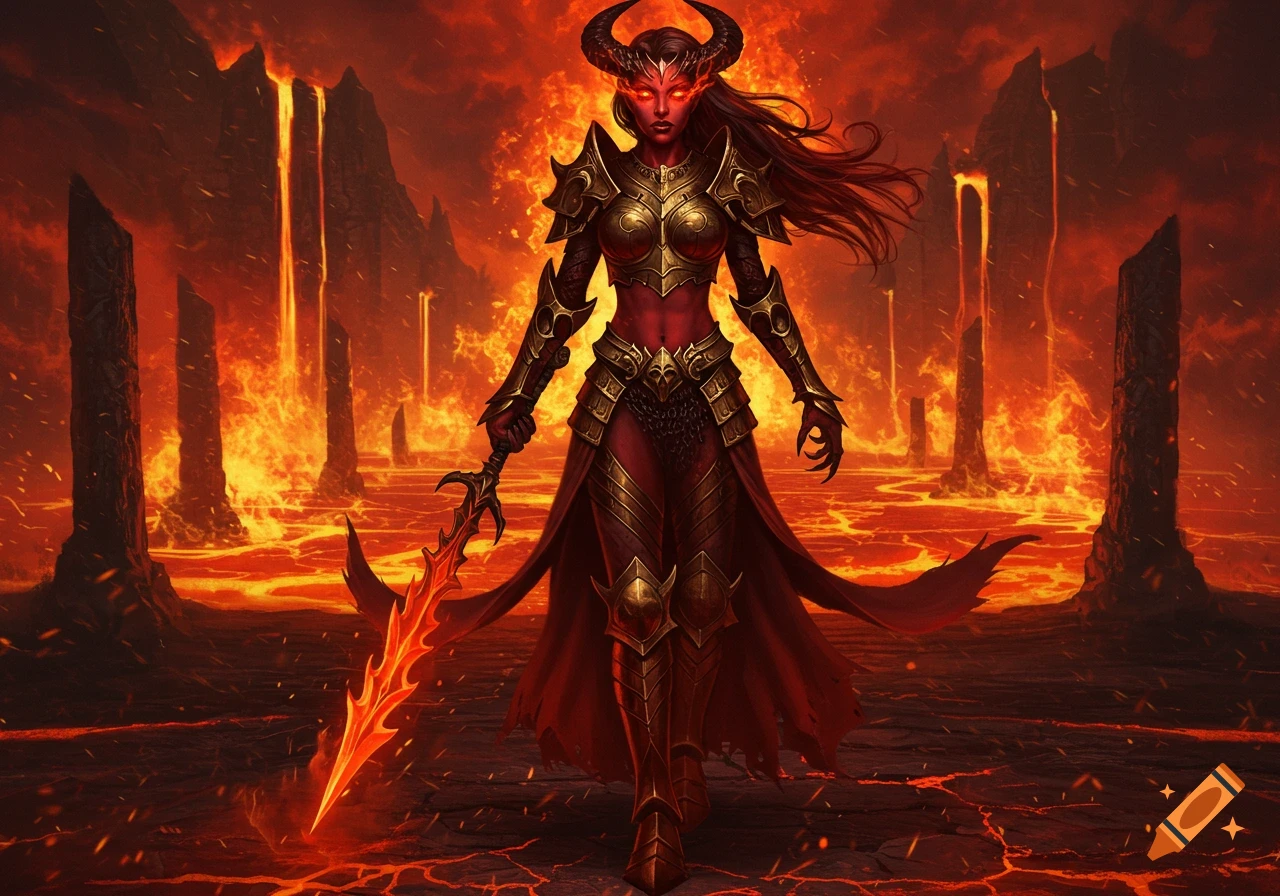 A red-skinned, horned goddess in gold armor wields a fiery sword in a volcanic, hellish landscape.
