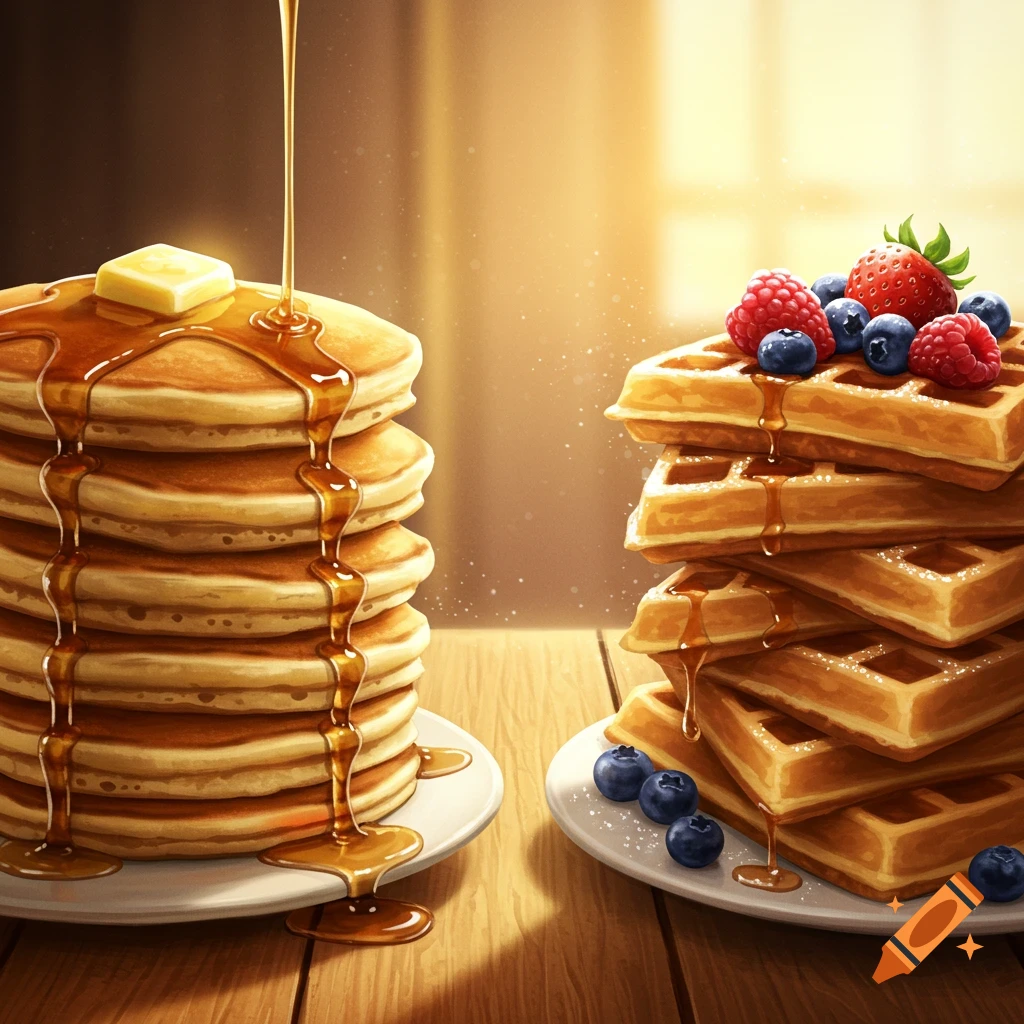 A stack of pancakes with butter and syrup next to a stack of waffles with berries and syrup on a wooden table.