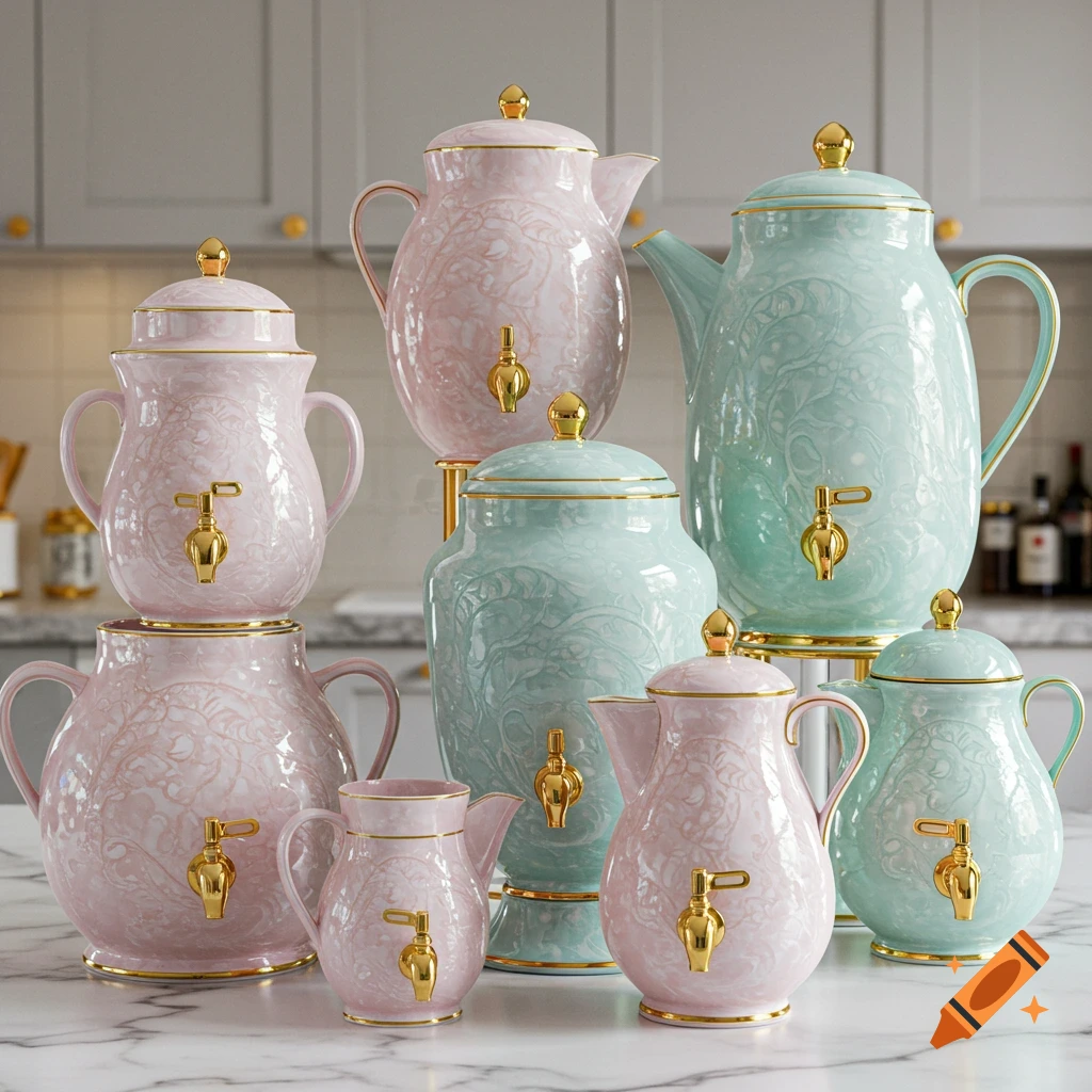 A collection of ornate pastel pink and mint green ceramic teapots and dispensers with gold accents on a marble countertop.