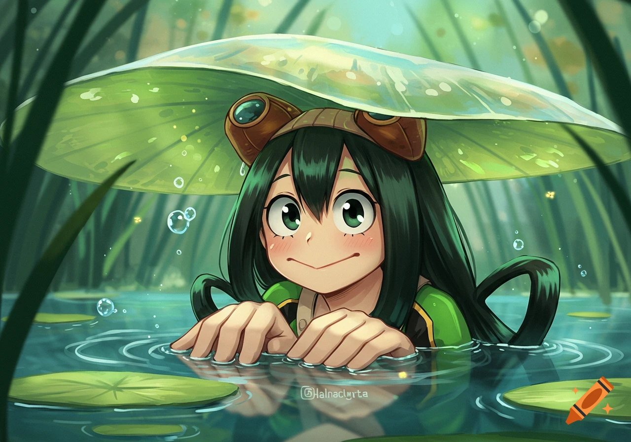 Anime girl Tsuyu Asui with frog-like features peers out of a pond, sheltered by a large lily pad above her head, with lily pads and bubbles floating in the water.