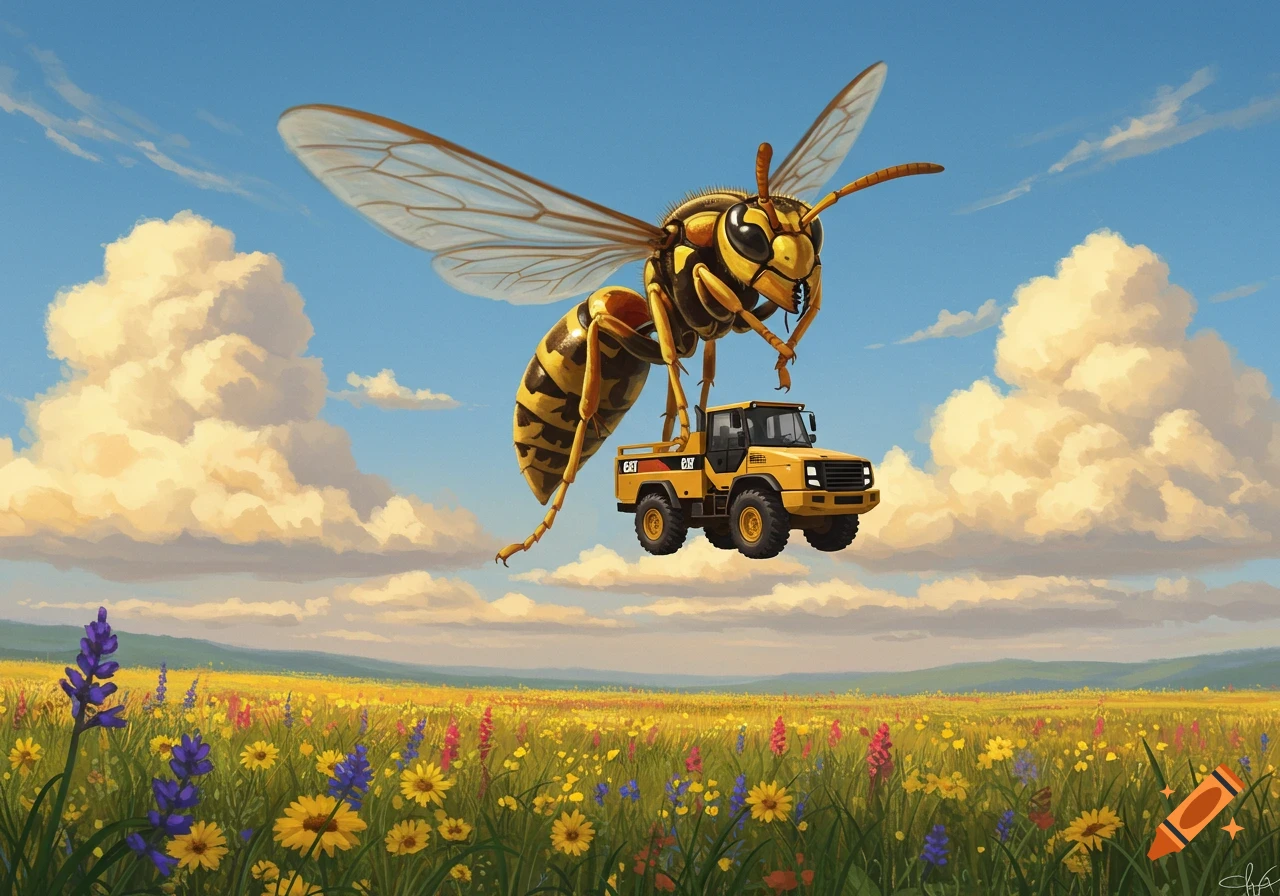 A giant wasp flies through a blue sky over a colorful flower field, carrying a yellow Caterpillar pickup truck.