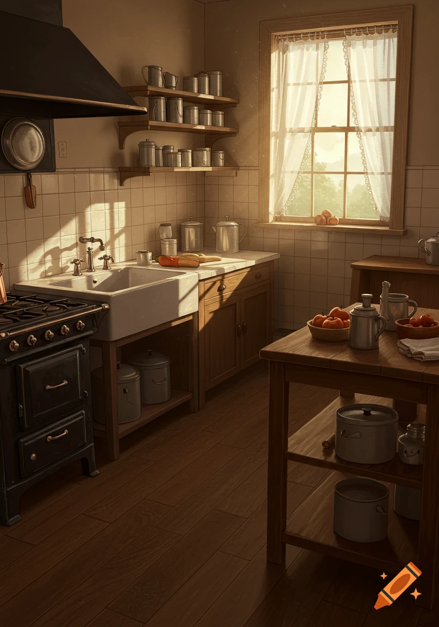 A sunlit vintage kitchen featuring an old stove, farmhouse sink, wooden cabinets, and shelves with metal containers and fresh fruit.