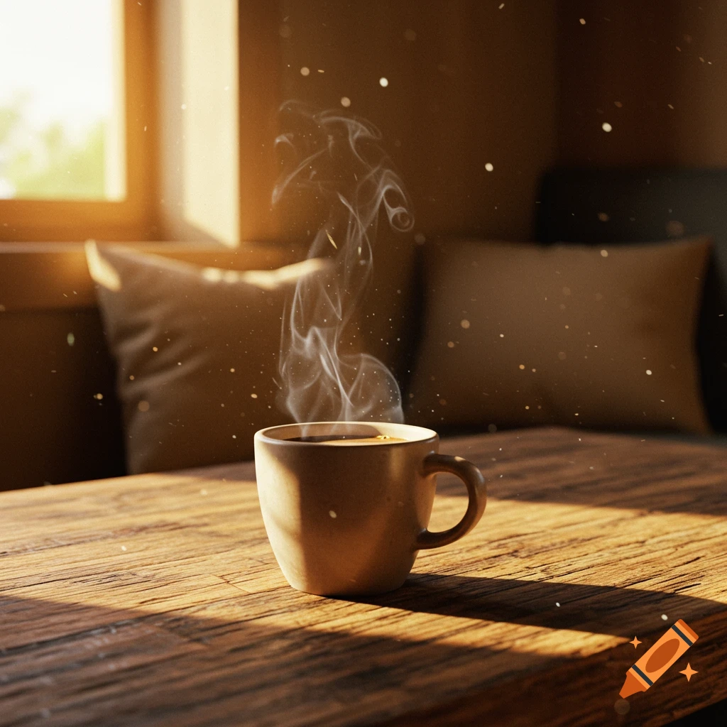 Photorealistic image of a steaming coffee cup on a wooden table, bathed in soft morning sunlight from a window, creating a cozy ambiance.