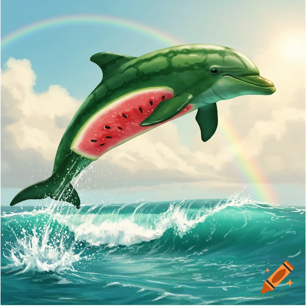 A surreal green watermelon-dolphin hybrid with a slice of red watermelon on its side, jumping over a blue ocean wave with a rainbow in the sky.