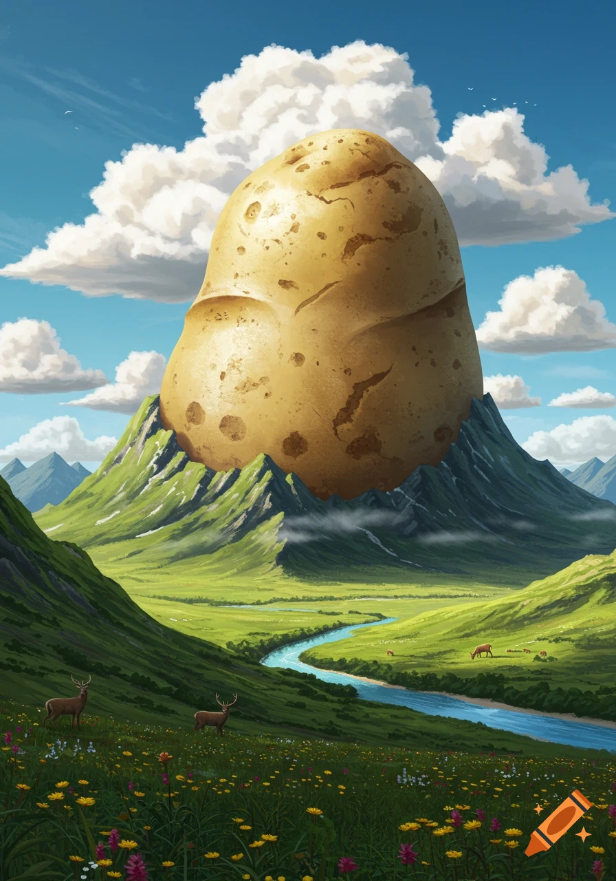 A colossal potato stands as a mountain in a vibrant green valley with a river, grazing deer, and wildflowers under a blue sky.