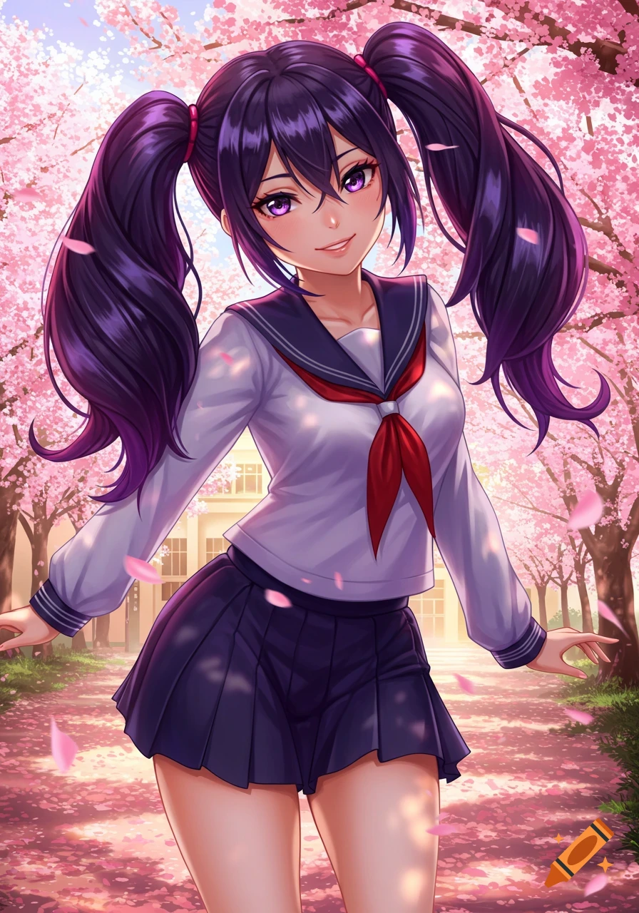 Smiling anime girl with purple pigtails in a school uniform, standing under cherry blossoms with a school in the background.