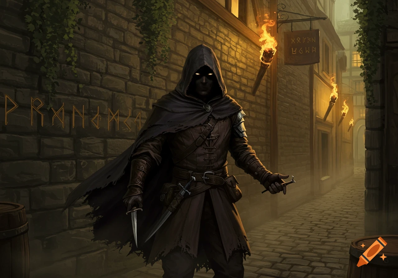 A dark figure in a hooded cloak with glowing eyes holds daggers in a dimly lit fantasy alleyway.