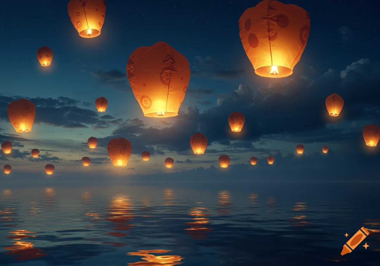 Numerous glowing orange sky lanterns float above tranquil water at night, with reflections shimmering on the surface and stars in the dark blue sky.