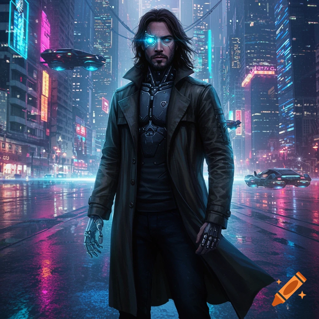 A man with a glowing cybernetic eye and robotic hand in a trench coat stands in a rainy, neon-lit cyberpunk city at night.