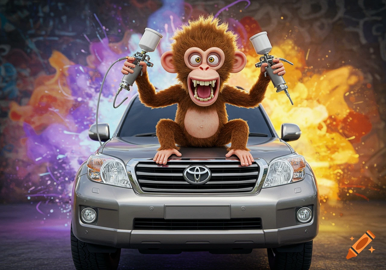 A funny 3D cartoon monkey sits on a gray Toyota Prado, holding two spray paint guns, against a vibrant abstract background.