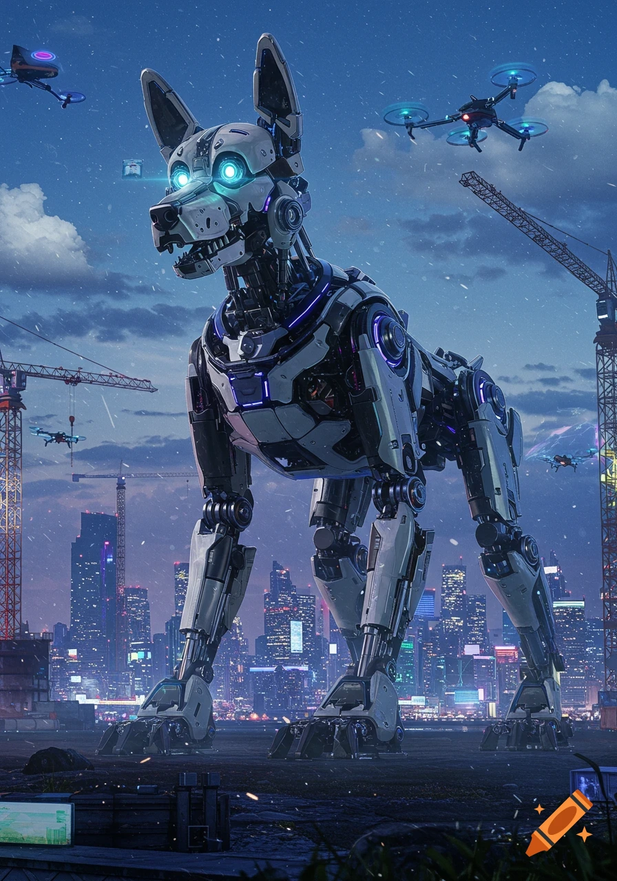 Giant robotic dog with glowing eyes standing in a futuristic city at night, with drones and construction cranes.