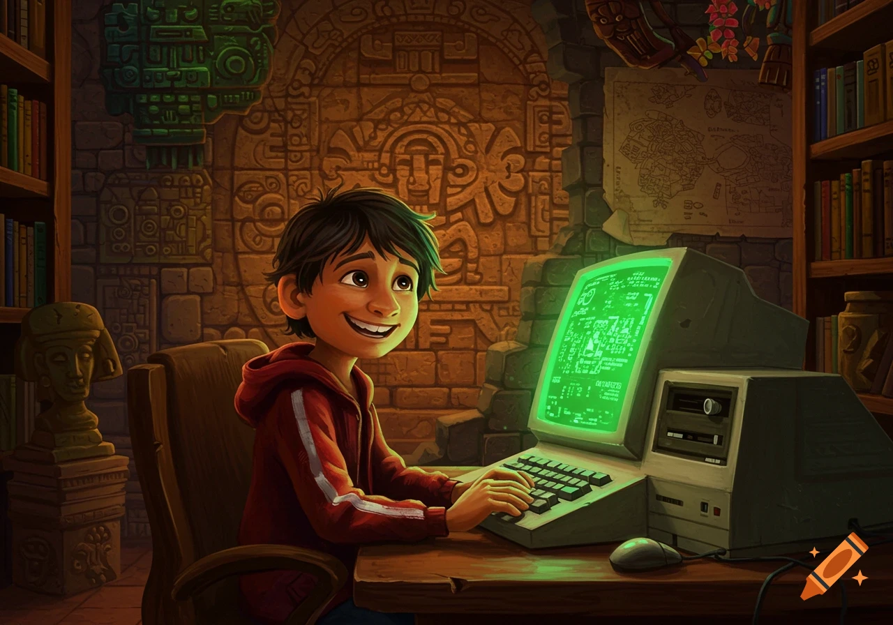 A happy cartoon boy in a red hoodie types on a retro green-screen computer in a room with ancient stone carvings and bookshelves.