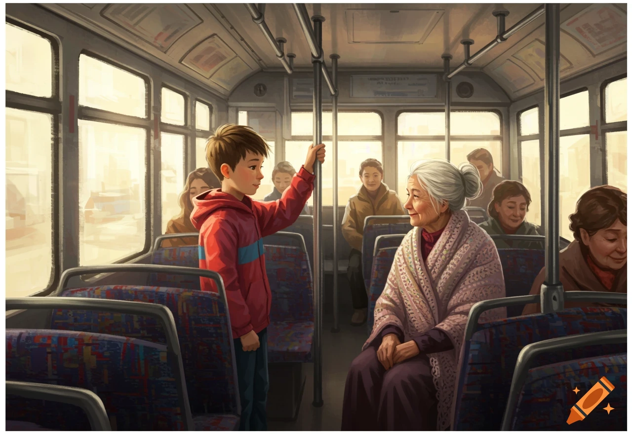An illustration of a young boy holding a pole and looking at an elderly woman seated on a bus, with other passengers in the background.