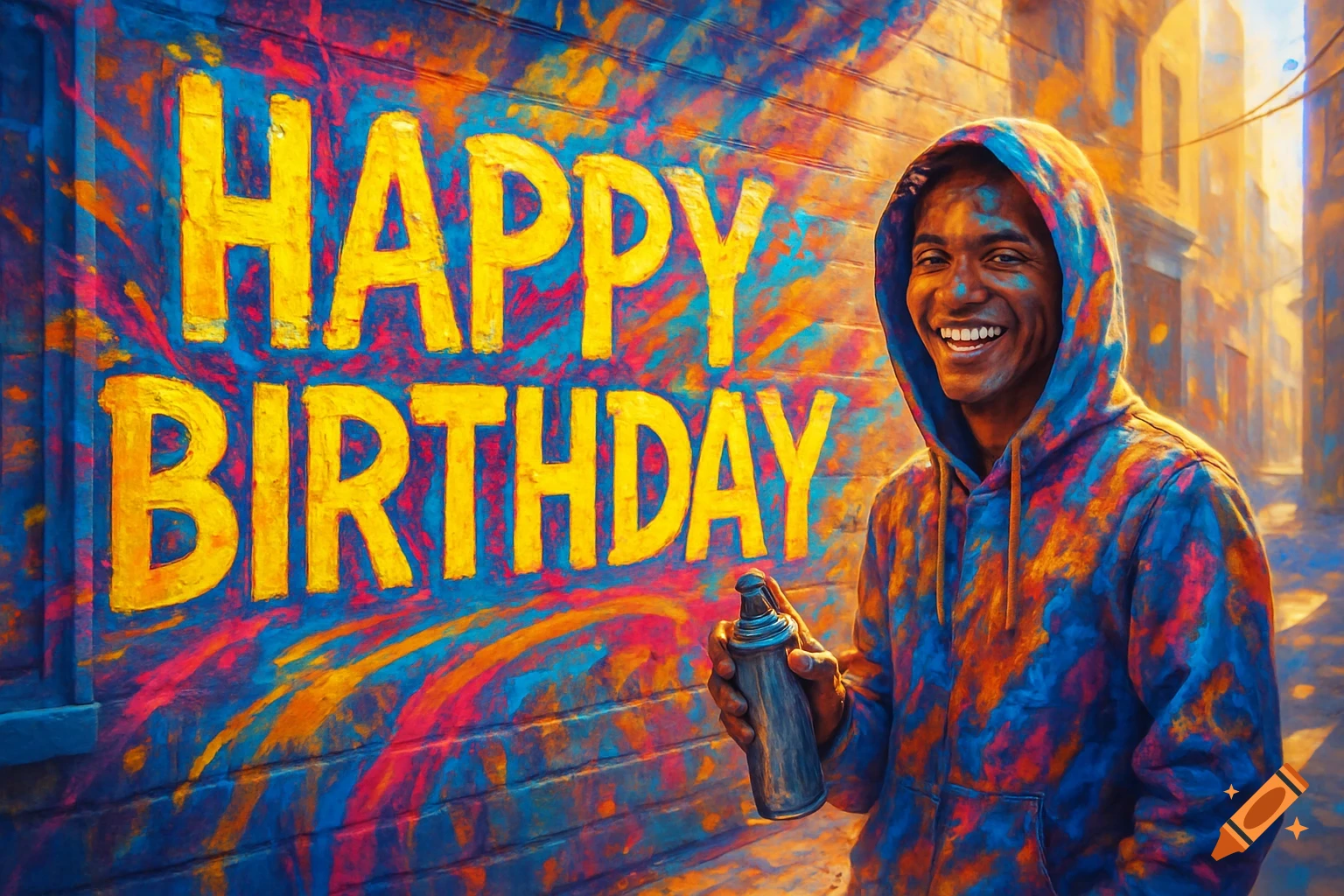 A man in a colorful hoodie smiles next to a vibrant wall with "HAPPY BIRTHDAY" graffiti in a spray-paint style, holding a spray can.