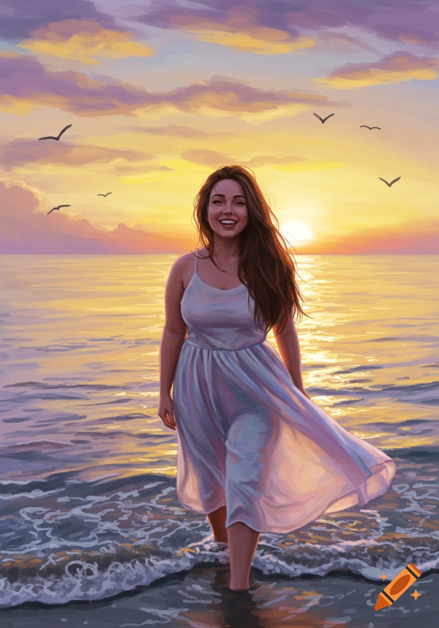 A smiling woman with long brown hair walks in the ocean at sunset, rendered in a painterly style.