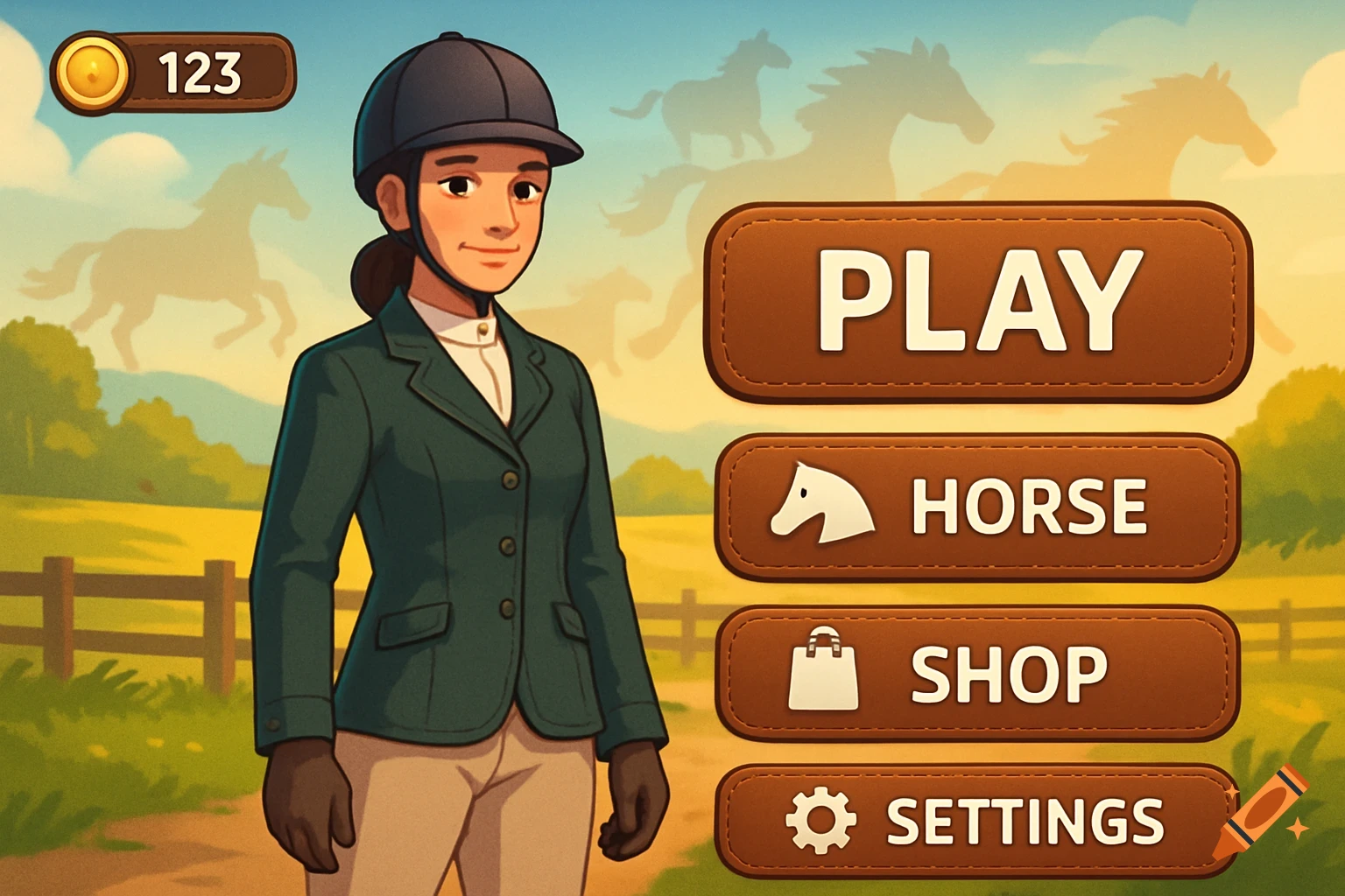 A cartoon game menu screen featuring a female rider in a helmet and green jacket, with 'PLAY', 'HORSE', 'SHOP', 'SETTINGS' buttons.