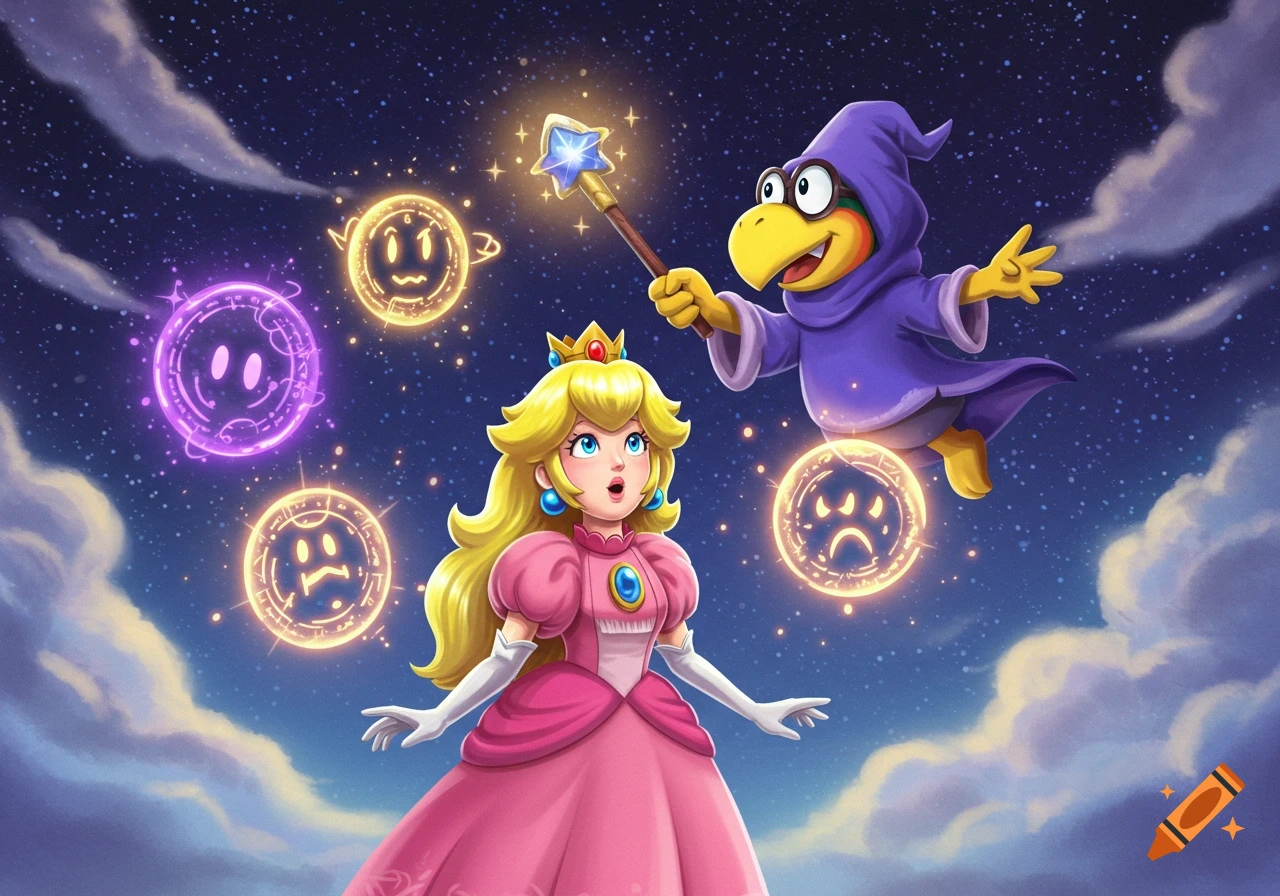 Princess Peach looks surprised as Kamek casts a spell with his wand, conjuring glowing magic circles in a starry night sky. Cartoon art.