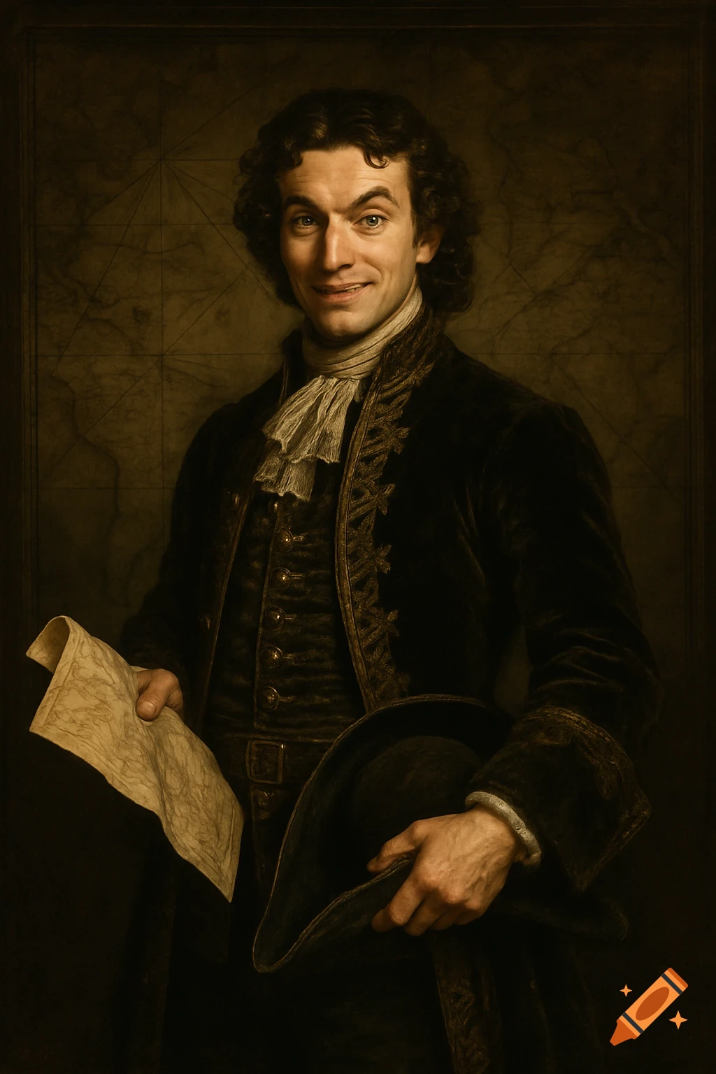 A smiling 19th-century man in aristocratic attire holds a map and a hat, in a sepia-toned, painterly portrait.