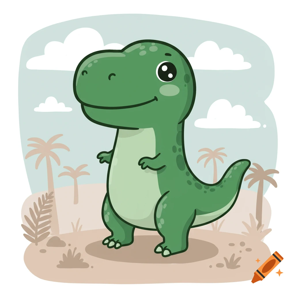 Cute green cartoon T-rex standing in a simple landscape with palm trees and clouds.