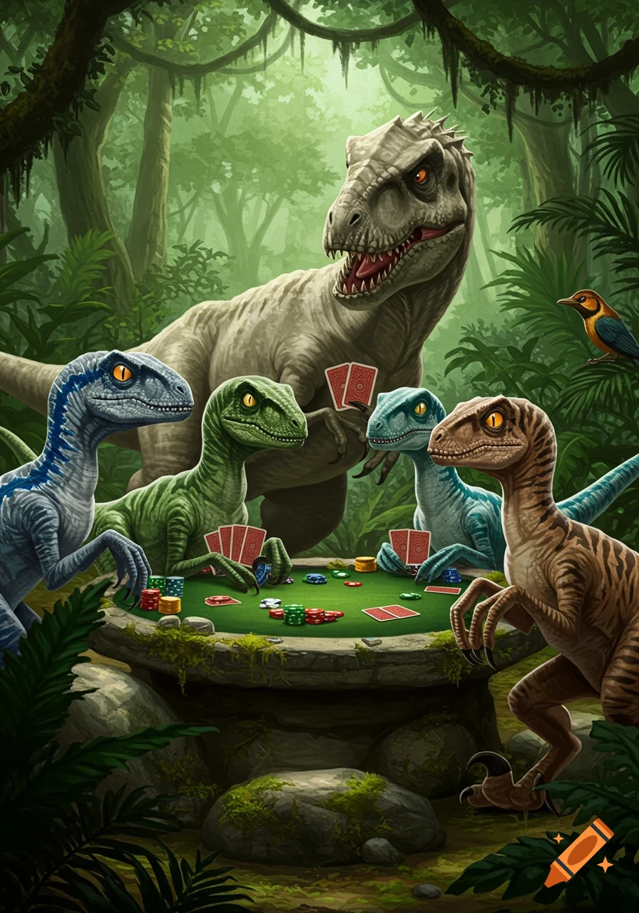 A detailed fantasy illustration shows several velociraptors and an Indominus Rex playing poker at a stone table in a lush jungle.