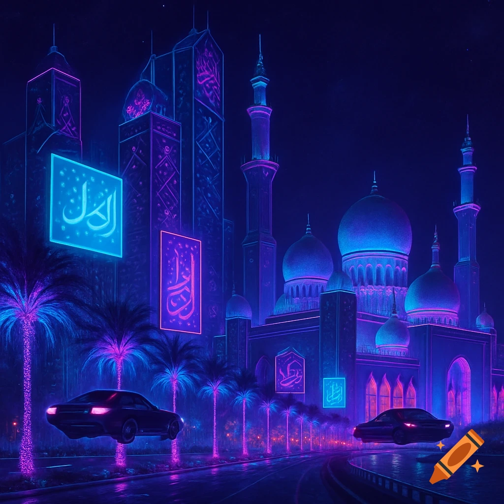 Futuristic Abu Dhabi at night with neon skyscrapers, a grand mosque, flying cars, and glowing palm trees in purple and blue cyberpunk style.