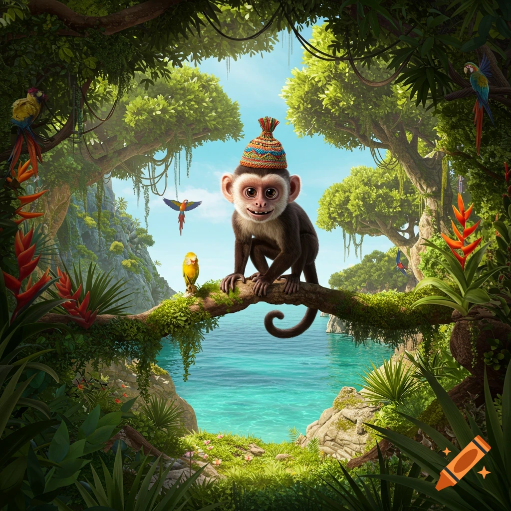 A cute capuchin monkey wearing a colorful knitted hat sits on a mossy branch in a lush tropical jungle with a clear blue ocean below. Parrots fly around.