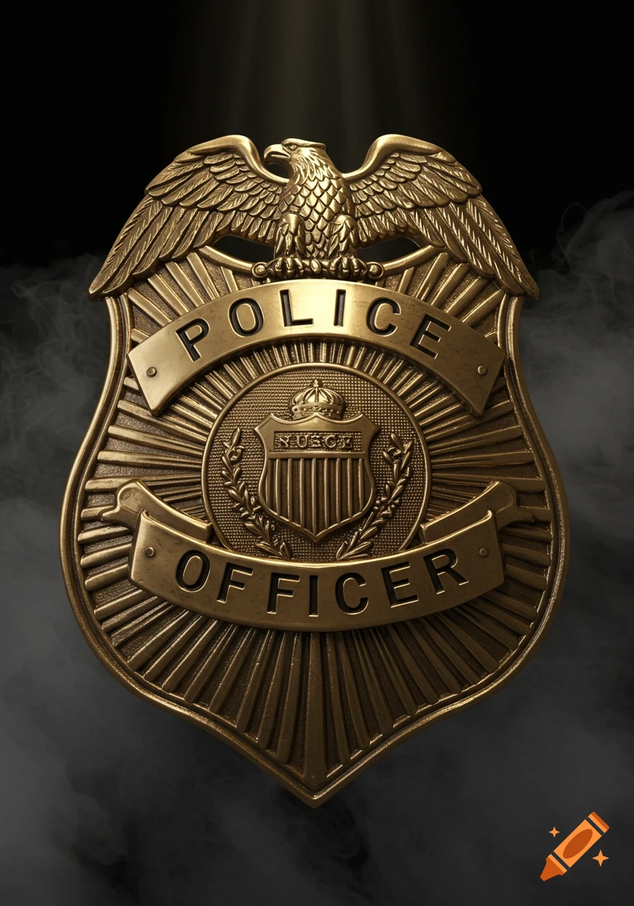A golden police officer's badge featuring an eagle at the top and the words "POLICE" and "OFFICER", against a dark, smoky background.