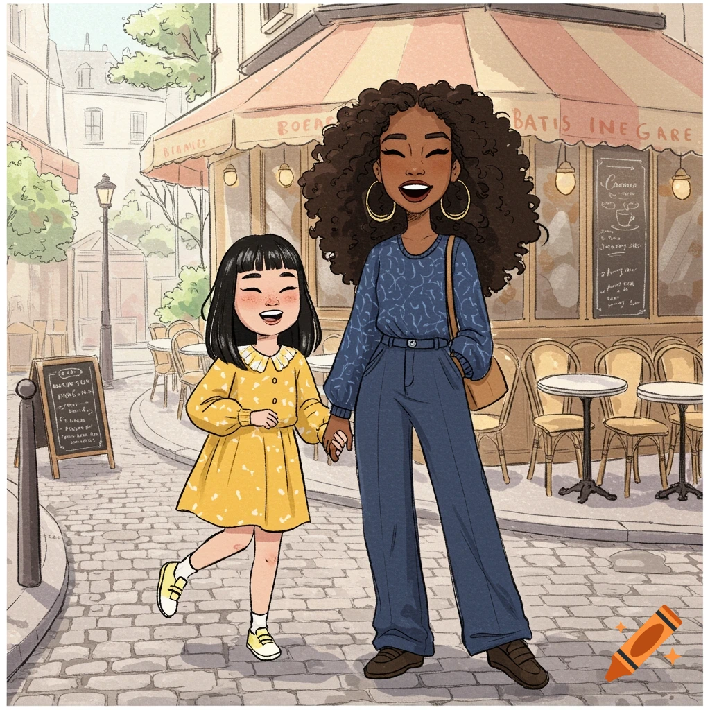 A cartoon illustration of two smiling girls holding hands, walking on a cobblestone street in front of a Parisian cafe.