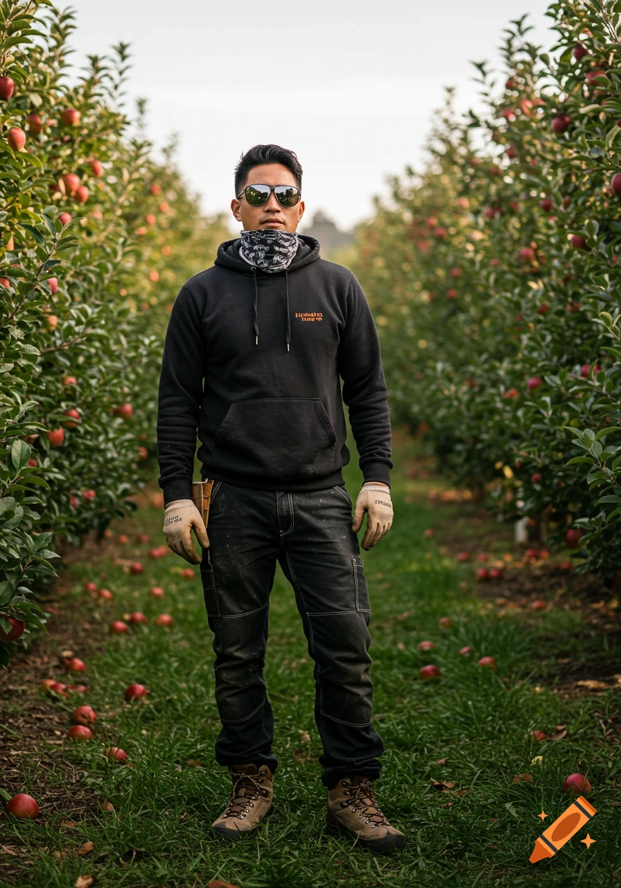 A man in a black hoodie, dark cargo pants, work gloves, hiking boots, sunglasses, and a patterned bandana stands in an apple orchard.