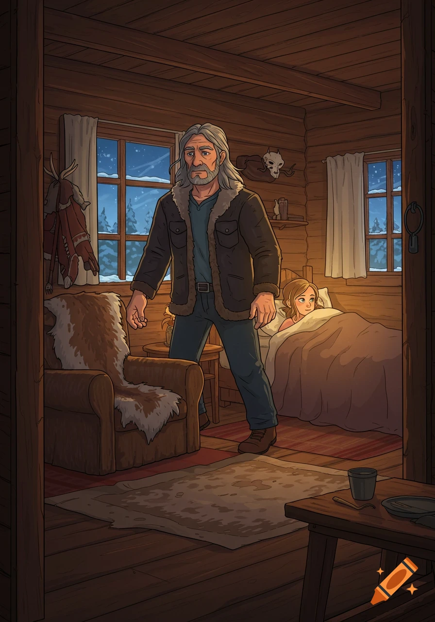 Cartoon of an older man looking at a young woman in bed inside a rustic wooden cabin at night.