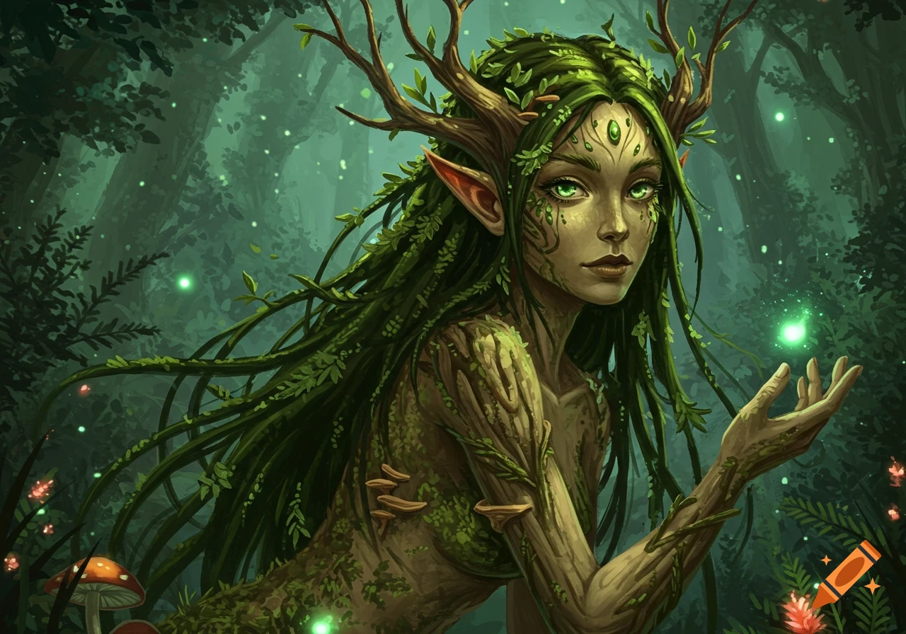 Fantasy art of a forest spirit woman with bark skin, leafy hair, and antlers, holding a glowing green orb in a dark forest.