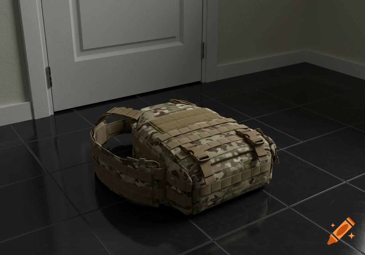 A military camouflage plate carrier with straps and buckles lies on a shiny black tiled floor in front of a white closed door.