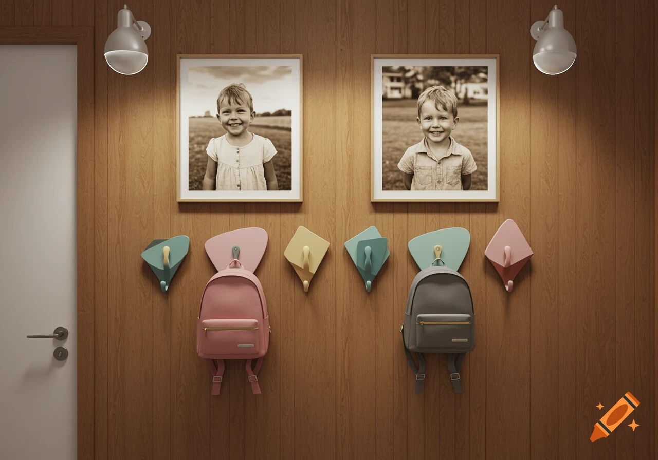 Mid-century modern entryway with two framed black-and-white portraits of smiling children, colorful hooks, and two backpacks.